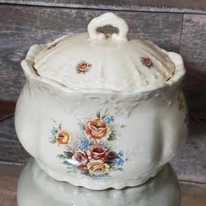 Ratauds, Covered Vegetable Serving Dish  - 1960's England - Vanilla White w/ Ros